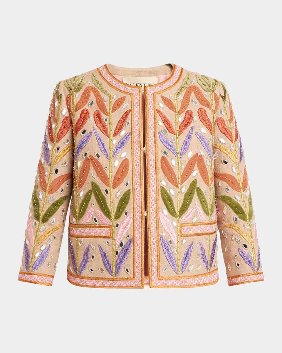 Beaded Leaf-Embroidered Linen Jacket